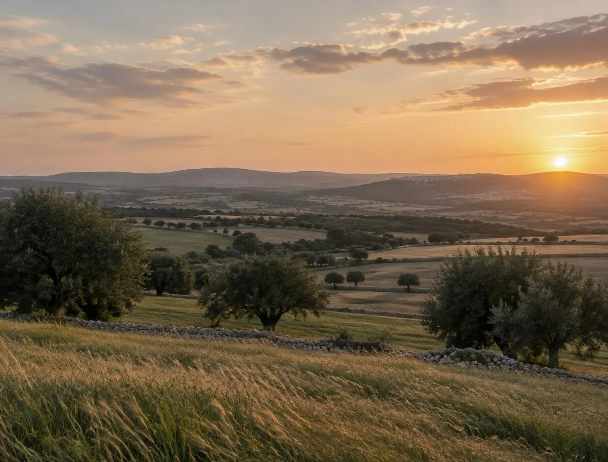 Campagna pugliese al tramonto con colline, campi e alberi isolati