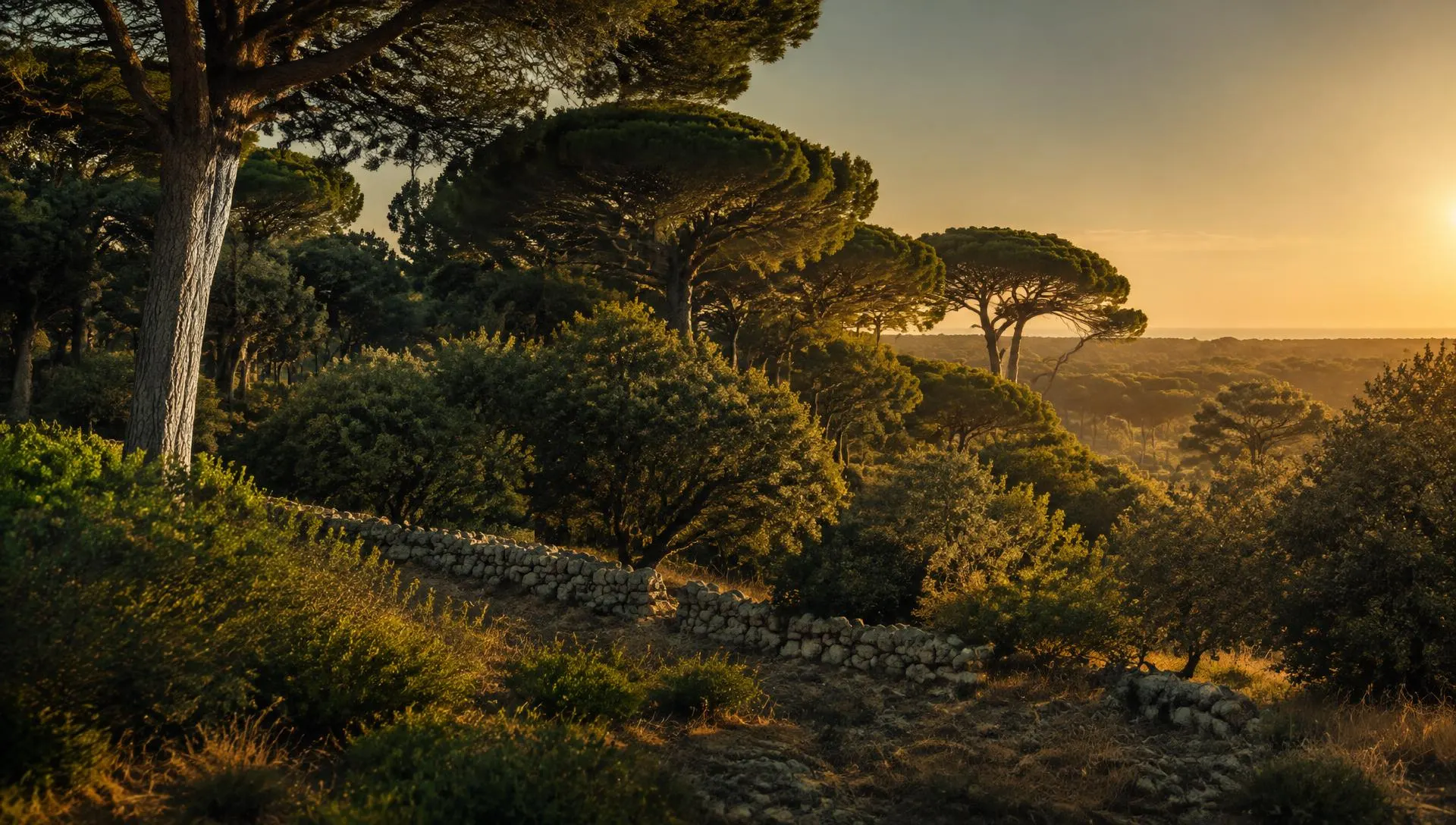 Pineta e macchia mediterranea al tramonto, con un muretto a secco che attraversa il pendio